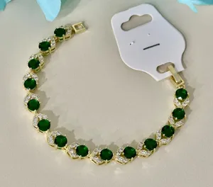14K Gold Plated Womens Bracelet Icy Green &‎ Clear C. Zirconia Oro Laminado 7'' thumbnail 1