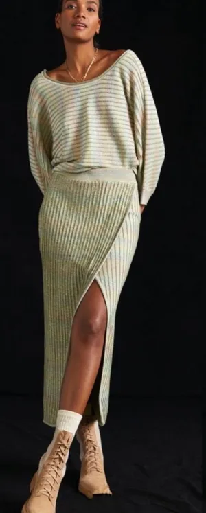 SET Anthropologie Daily Practice Knit Top And Skirt Green Ribbed Size Large L thumbnail 1