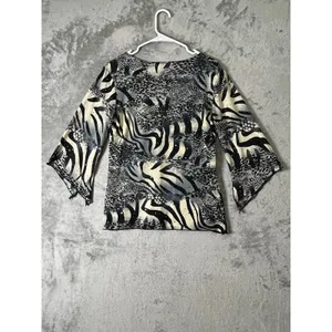 Vintage Y2K Animal Print Sequin Top Zebra Leopard Bell Sleeve Black Cream Large thumbnail 3