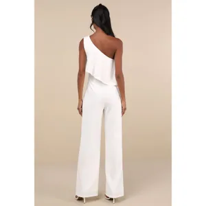 NWT Lulus Flawless Vibes White One-Shoulder Tiered Wide-Leg Jumpsuit Elegant L thumbnail 4