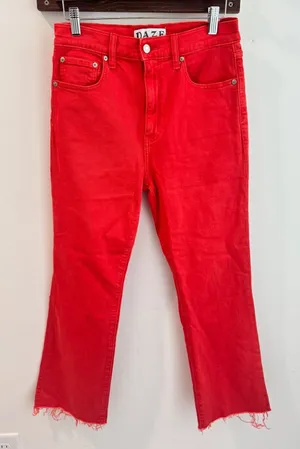 Daze Denim Just Right High Rise Straight Leg Jeans Cherry Red Raw Hem Size 27 thumbnail 1