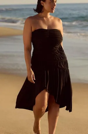 NWT Anthropologie Celandine Strapless Ruched Asymmetrical-Hem Dress Brown Size M thumbnail 2