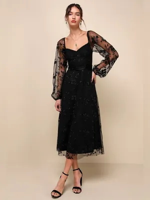 NWT Lulus Darling Charisma Black Mesh Embroidered Midi Dress S thumbnail 5