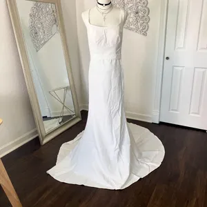 NWT Zapaka White Mermaid Square Neck Satin Long Wedding Dress with Sweep Train L thumbnail 6