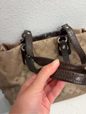 Coach Ashley Signature Sateen Carryall Satchel Bag F15510 Khaki Brown Leather⁠ thumbnail 7