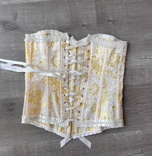 Vintage lace up Corset in yellow and white thumbnail 2