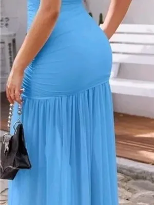 Formal Long Dress One Shoulder Ruched Kentucky derby Evening Gown Blue Large NWT thumbnail 3