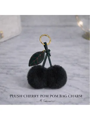 NEW Cherry Pom Pom Bag Charm Keychain Black Faux Fur NWT thumbnail 3
