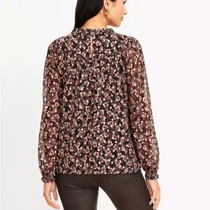 NWT Loft Shimmer Vine‎ Pleated Yoke Blouse Black Long Sleeve Top thumbnail 2