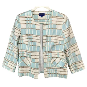 Pendleton Silk Blend Blazer Jacket 4 Blue Tan White Plaid Open Preppy‎ Summer thumbnail 2