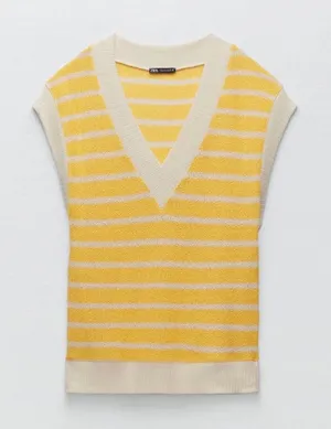 Zara Womens Oversized Yellow‎ White Striped Knit V-Neck Sweater Vest Size Medium thumbnail 1