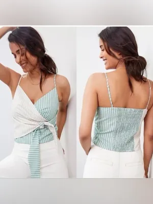 Mare Mare x Anthropologie Tie Front Striped Wrap Tank Top Green Beige Medium thumbnail 2