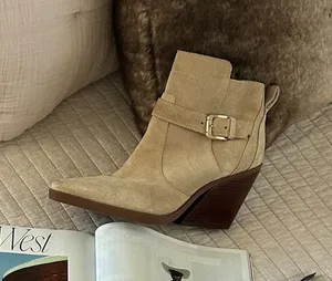 Antonio Melani peatrie light tan suede buckle western pointed heeled booties 8.5 thumbnail 1