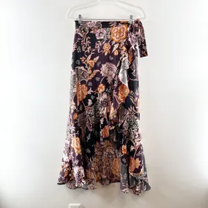 Maeve Anthropologie Wrap Side Tie Ruffle Hem Satin Floral Midi Skirt Purple XS thumbnail 2