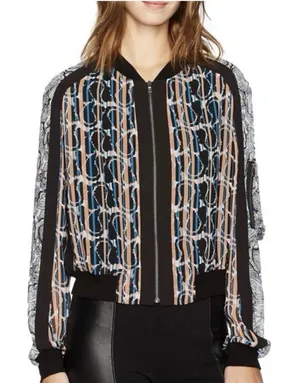 BCBGMAXAZRIA Harrison Mixed Print Bomber Jacket - Blue & Tan Abstract‎ - XS thumbnail 1