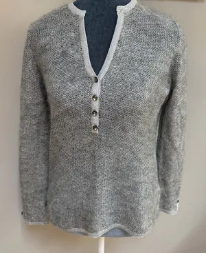 Ann Taylor petites medium silver grey angora wool sweater rhinestone button thumbnail 1