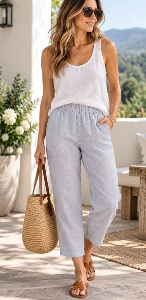 Quince 100% European Linen Blue & White Pinstripe Cropped Pants XS thumbnail 1