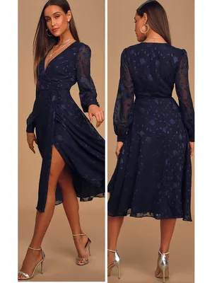 Lulus Evening of Elegance Navy Blue Floral Jacquard Wrap Midi Dress Size XL NWT thumbnail 2