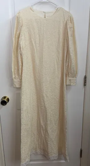Vintage cream lace embroidered hem lined‎ long puff sleeve cottagecore dress M thumbnail 1