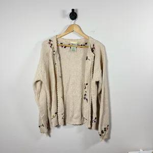 VINTAGE Cottage Essentials Women’s Chunky Knit Floral Cardigan Beige Multi L thumbnail 5