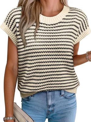 Striped Cream & Black Short-Sleeve Knit Sweater Size M thumbnail 1