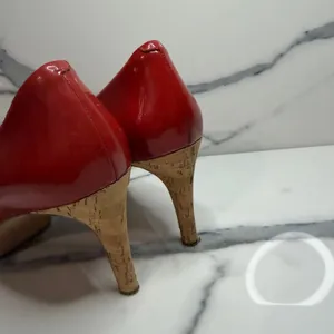 Via Spiga Women's Red Patent Leather Cork Platform Peeptoe Heels Sz 9.5 FLAW thumbnail 4