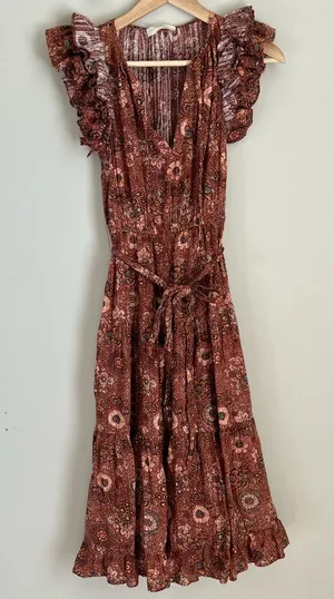Ulla Johnson Johnson Virginia Midi Dress Size 0 Belted Flutter Sleeve Tiered thumbnail 1