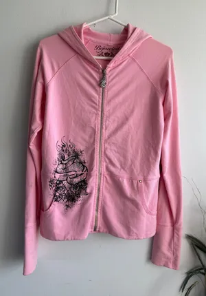 Bejeweled by Susan Fixel Pink Tattoo Graphic Rhinestone Zip Up Hoodie Womens y2k thumbnail 1