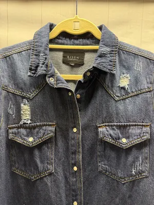 RISEN Dark Denim Distressed Snap Front Frayed Hem Jean Shirt Jacket Shacket thumbnail 3