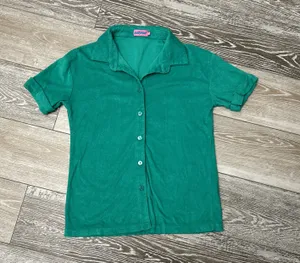 Sz S Green Terrycloth Short Sleeve Top Button Down Shirt Terry Cloth thumbnail 1