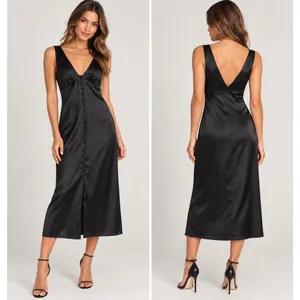NWOT ASOS DESIGN Black Satin Midi Dress Button Front Deep V Sleeveless US 2 thumbnail 2