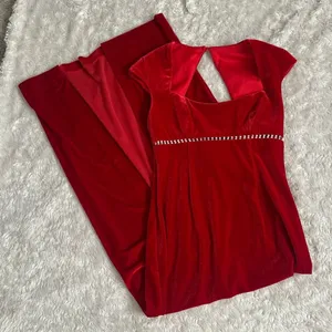 Vintage 90s Sz 4 Red Velvet Rhinestone Empire Waist Cap Sleeve Maxi Dress Gown thumbnail 2