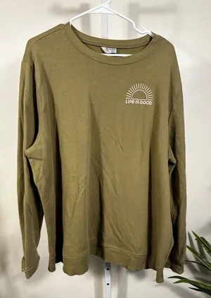N79. Life Is Good Olive Green Pullover with White Sun Logo thumbnail 1