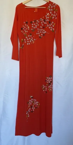 Vintage Floral hand painted Red Maxi Dress‎ Womens XL Long Sleeve high slits thumbnail 1