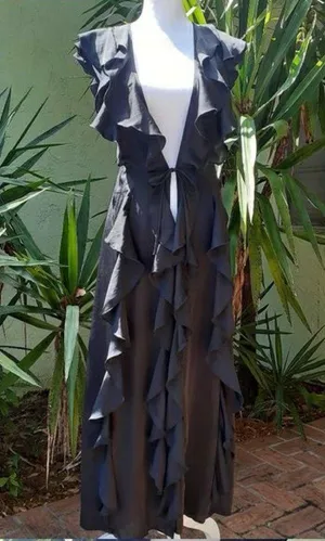 Vintage Victoria’s Secret Black Ruffled Robe Gown Lingerie Kimono Cover Up XS thumbnail 3