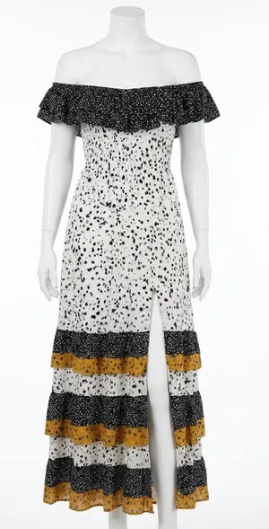 Les Sereine Off Shoulder Smocked Maxi Dress Mixed Print Tiered Slit Large thumbnail 1