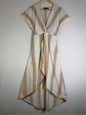 America & Beyond M Rainbow Stripe Pom Pom Maxi Dress Boho Resort Beach Vacation thumbnail 2