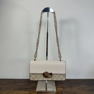 Coach Signature Crossbody Bag Womens Small White Leather Canvas Chain Strap thumbnail 4