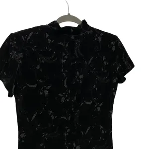 Dress Barn Black Velvet Floral Sparkle Mandarin Style Maxi Dress Size 12 thumbnail 5