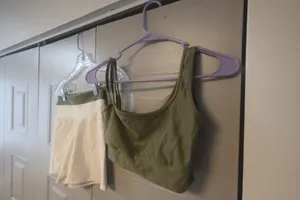 Workout exercise loungewear casual summer active shorts and one should top sports bra set in olive green and beige thumbnail 2