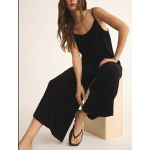Z Supply Textured Flared Wide Leg Cropped Waistless Jumpsuit Black Medium thumbnail 2