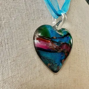 Blue heart glass blown pendant necklace on cord thumbnail 8