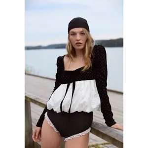 NWT!! FOR LOVE AND LEMONS‎ Elisa Long Sleeve Top Black Velvet Taffeta Eyelet XS thumbnail 10