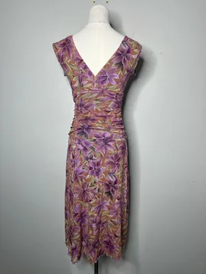 90s Vintage Purple Floral Mesh V Neck Ruched Drop Waist Dress Preppy Party thumbnail 2