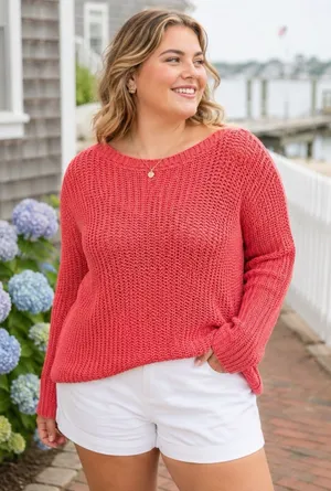 Lauren Ralph Lauren LRL Coral Open Knit 100% Cotton Sweater Boat Neck XL thumbnail 1