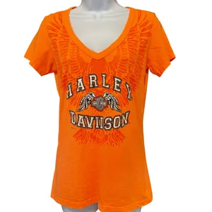 Harley Davidson Y2K Graphic V Neck T-Shirt‎ S Biker Moto Burnout Rhinestone thumbnail 2