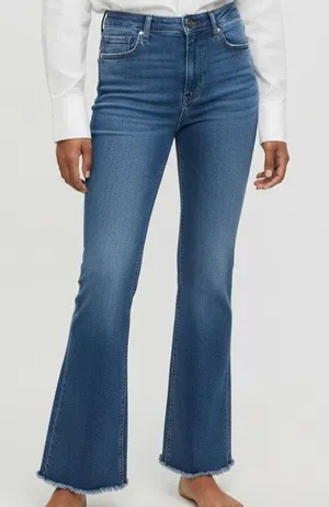 ZARA Flared High Rise Straight Leg Raw Hem Broken In Jean Zip 2 Dark Blue Wash thumbnail 1