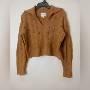 Pink Rose Camel Brown Open Knit Collared Cropped Sweater -‎ Size M thumbnail 2