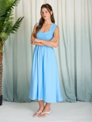 Light Blue Smocked Midi Dress V-Neck Button Front Ruffle Small thumbnail 5