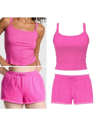VICTORIA’S SECRET PINK Rib Cami & Campus Fleece Rolled Hem Shorts Pink Gossip L thumbnail 2